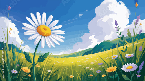 Sunlit meadow with blooming daisy, wildflowers, and rolling hills under blue sky—symbolizing nature’s beauty, renewal, and seasonal joy 