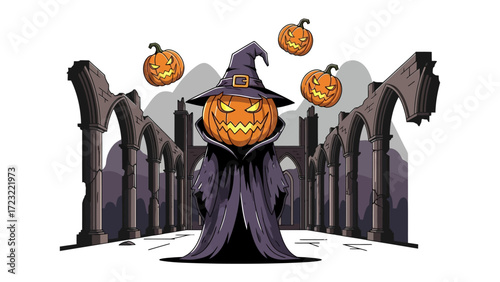 Spooky Pumpkin Wizard in Eerie Castle Ruins: A whimsical illustration of a jack-o'-lantern-headed wizard, donned in a pointed hat and flowing robe.