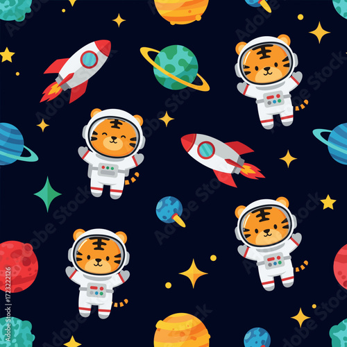 Playful seamless pattern with cute tiger astronauts rockets and planets exploring space