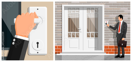 Man ringing doorbell at brick house. Hand opening door. Home visit and enter concept illustration.