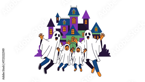 Happy Halloween Ghosts & Spooky House: A cheerful gathering of ghost figures joyfully prances in front of a haunting mansion, invoking the spirit of Halloween in a whimsical and lighthearted manner.