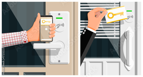 Man hand holding smartphone with digital key and smart card touching apartment door lock. Smart home access concept.