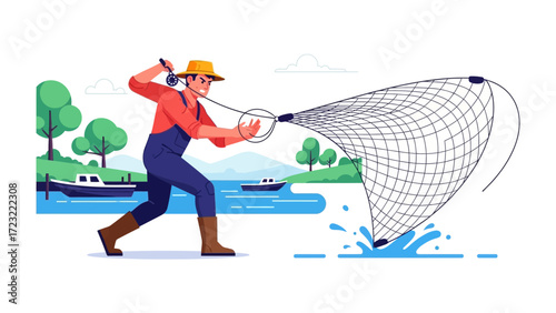 Fisherman Casting Net: A determined fisherman casts a wide net into the clear waters of a serene lake, poised to catch fish and celebrate the fishing experience.