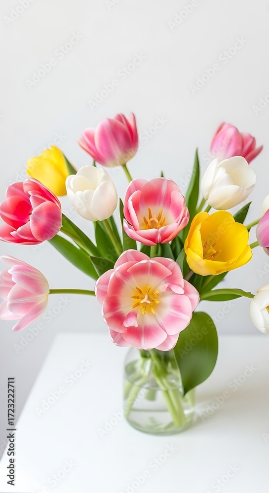 Obraz premium A beautiful bouquet of fresh colorful pink yellow and white tulips in a glass vase on a white table.