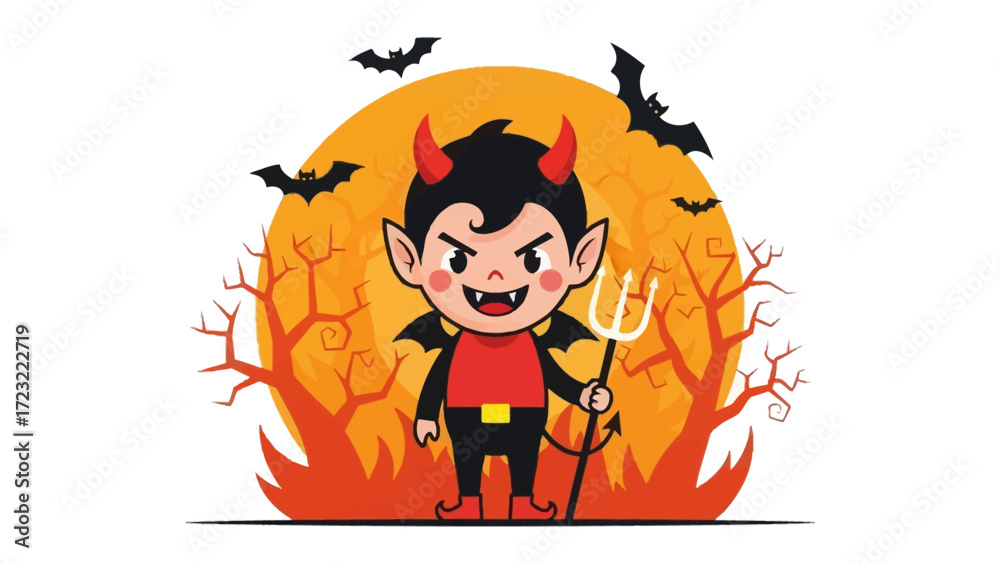 Fototapeta premium Charming Little Devil: A playful cartoon depiction of a devil in a red and black costume with small horns, a trident, and mischievous charm against the backdrop of a spooky Halloween night.