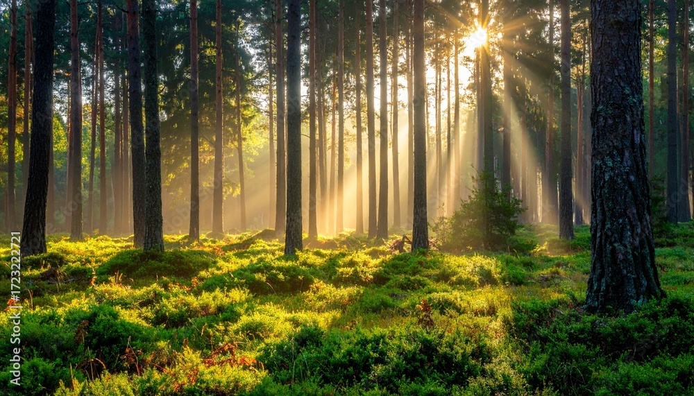 Obraz premium Forest Sunlight Rays with Golden Glow