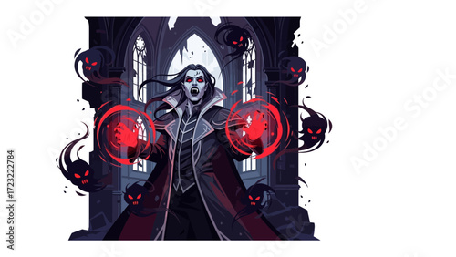 Crimson Sorcerer: A dark wizard unleashes powerful crimson magic within a gothic chamber, casting an enchanting spell of mystery and fantasy.