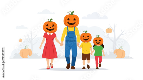 Pumpkin Head Family on Walk: A family wearing smiling pumpkin heads takes a stroll amidst a backdrop of leafless trees and floating pumpkins.