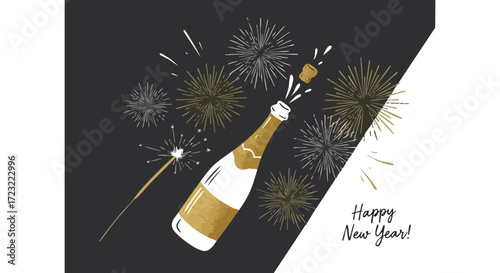 Celebrate the new year with a popping champagne bottle and festive fireworks for elegant party invitations and modern holiday marketing campaigns