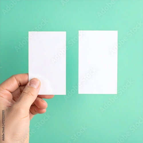 Hand holding two blank white business cards against a mint green background