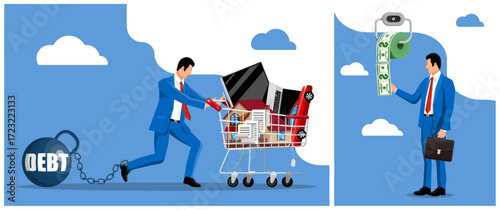 Man chained to debt ball pushing shopping cart with house, car, laptop. Loan repayment or credit concept.