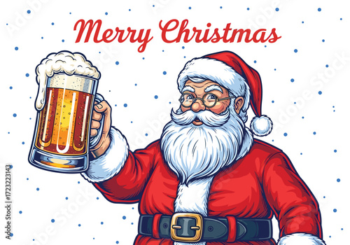 Santa Claus beer cartoon, festive Christmas illustration, holiday cheer artwork, Merry Christmas text, seasonal celebration design, winter character icon