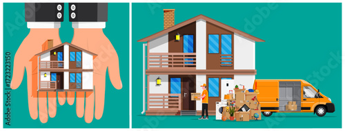 Moving house concept. Hand holding suburban home. Delivery man delivering boxes and items to a new house.