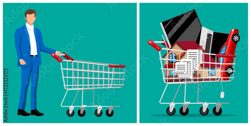 Man with empty and full shopping cart. Big purchases concept for real estate, car and technology. Flat style vector illustration.
