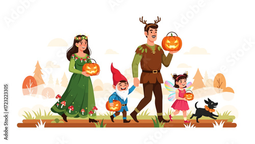 Halloween Family Parade: A vibrant illustration captures a family joyfully parading in imaginative costumes, carrying illuminated pumpkins under a festive sky.