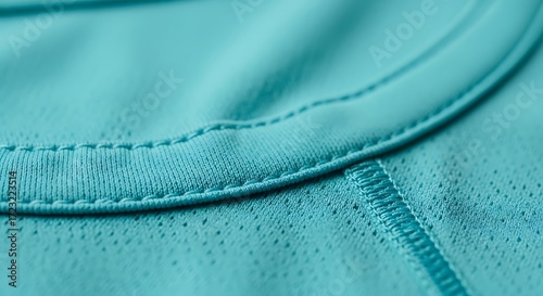 Close up of vibrant teal athletic fabric texture with detailed stitching and subtle perforations showcasing breathable material for activewear and performance gear