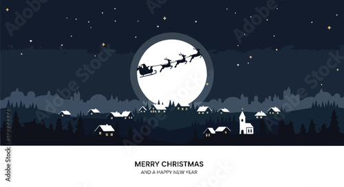 Magical Santa sleigh silhouette flies across glowing moon over snowy village creating enchanting Christmas Eve wonder