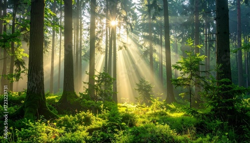 Morning Sunlight Rays Through Forest Trees