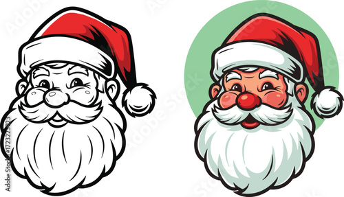 Santa Claus face cartoon, black and white outline, colored festive character, Christmas illustration, holiday design, seasonal icon, green background