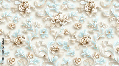 Elegant floral pattern featuring intricate designs with soft beige and light blue hues. This beautiful wallpaper adds touch of sophistication to