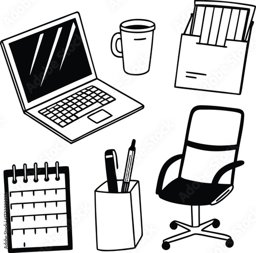 Set of office tools and stationery with computer laptop and notebook illustration