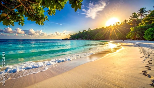 Tropical Beach with Golden Sunset Background