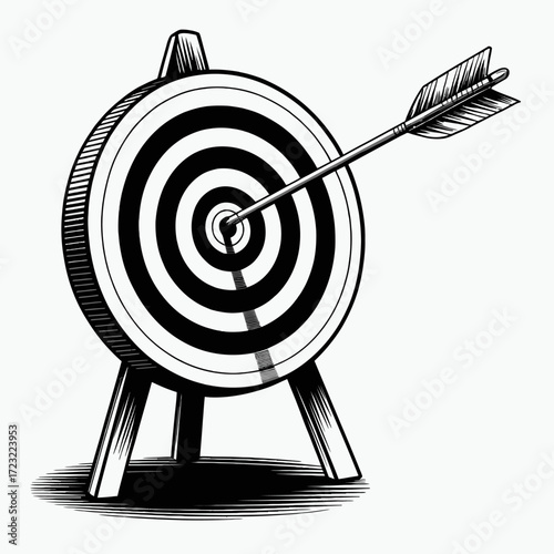 Arrow hitting bullseye of target black and white illustration achieving goals and perfect aim in business strategy