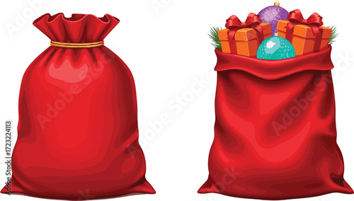 Christmas gift sack illustration, festive red bag with presents, holiday ornament design, Santa’s sack cartoon, seasonal celebration icon, white background