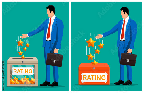 Man drops star rating into a box. Customer review and feedback concept. Product or service quality assessment. Flat style vector.