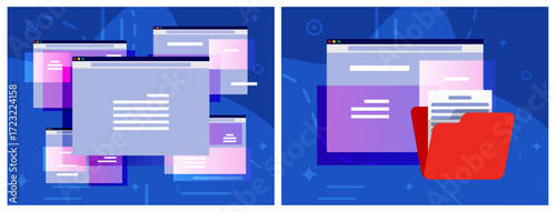 Abstract browser window interface with document icon and file folder. Flat style overlay web page concept illustration.