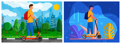 Man riding electric scooter. Sustainable urban mobility solution design. Alternative transport travel. Commuter in flat style.