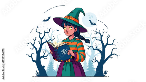 Spooky Sorceress: A charming illustration of a young witch engrossed in her spellbook, bathed in an enchanting scene of Halloween. Capturing a sense of mysticism and fantasy. 