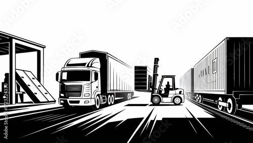 Black and White Logistics Scene Featuring Truck Forklift and Freight Train Illustrating the Intermodal Transportation System and Supply Chain