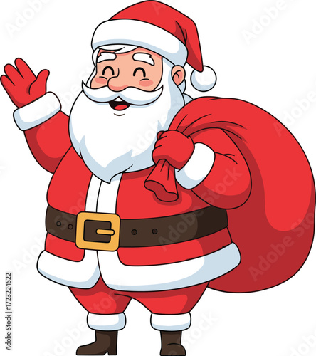 Santa Claus cartoon, waving Santa illustration, red sack character, festive Christmas icon, holiday design, cheerful winter artwork, seasonal celebration image