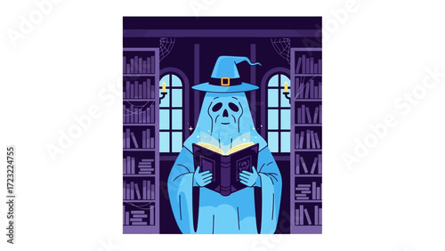 Specter Scholar: A spectral figure, robed and hatted, delves into a tome amidst towering bookshelves, an illustrated capture of arcane curiosity.