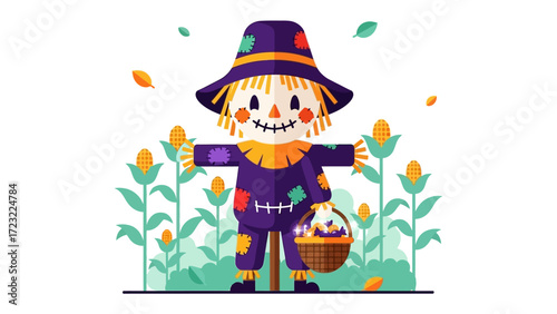 Autumn Harvest's Guardian: A whimsically illustrated scarecrow, stands in a field, inviting a sense of autumnal charm and protecting the bounty of the harvest.