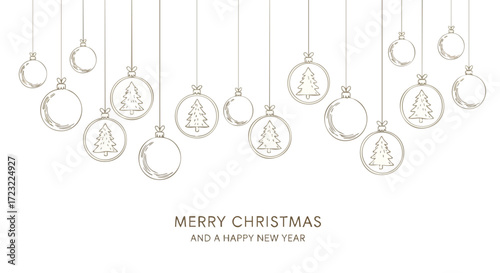 Elegant Christmas ornaments with trees hanging on white backdrop wishing merry christmas and a happy new year for festive holiday greetings