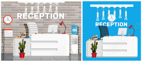 Hotel reception desk interior in a flat style stock vector set. Hotel or office lobby with a worker place and brick wall.