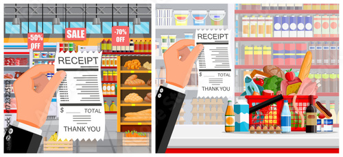 Man hand holding grocery receipt. Shopping basket with food on supermarket background. Retail store expense or discount concept.