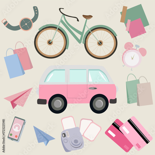 A set of cute images drawn by hand. Bicycle for walks, bus for travel, credit cards, watches, phones, alarm clocks. Creative stickers for stickers, screensavers, covers, and children's books.