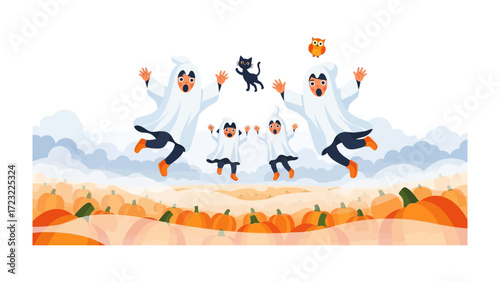 Halloween Whimsy: A captivating illustration depicts playful ghosts and spirited children frolicking amidst a pumpkin patch, with an element of an owl and a black cat.