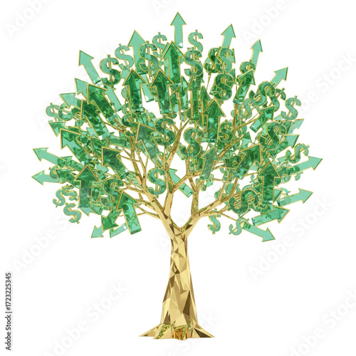 Stunning golden money tree bursting with upward trending dollar signs and growth arrows symbolizing financial prosperity and wealth accumulation
