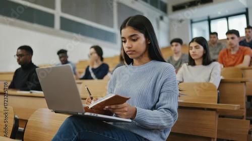 A student using a laptop for research or study in an educational setting.