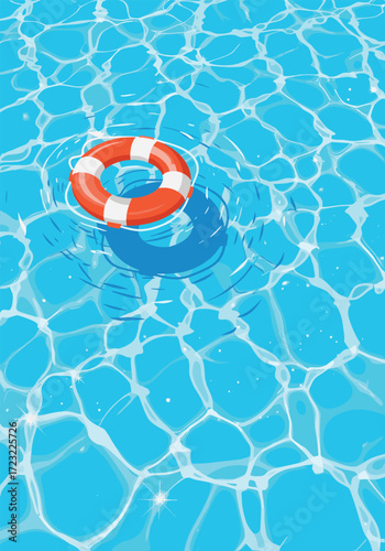 A life preserver floats serenely on the shimmering surface of a clear blue swimming pool.
