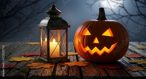 Glowing jackolantern and vintage lantern with a candle on a wooden table surrounded by autumn leaves, creating a warm and spooky halloween scene under a full moon and bare trees