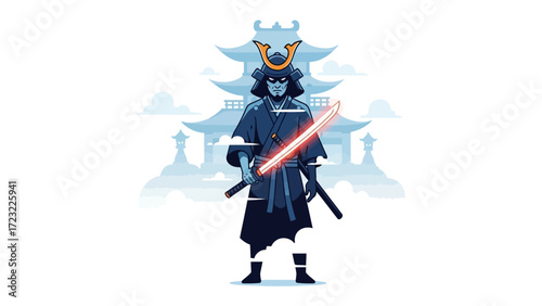 Samurai Warrior with Lightsaber: A stylized illustration depicts a formidable samurai warrior in traditional attire, wielding a futuristic lightsaber against a backdrop of an ancient Japanese temple.