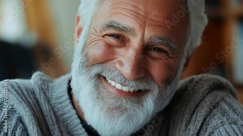 Gentle older gentleman with white beard and gray hair, wearing a cozy sweater; he has a kind smile on his face.