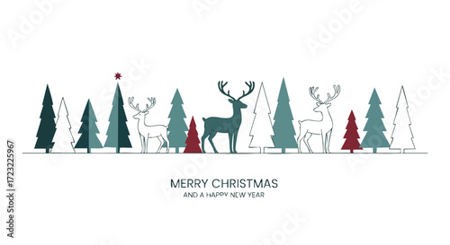 Charming Christmas card featuring minimalist reindeer silhouettes and evergreen trees wishing everyone a Merry Christmas and a Happy New Year