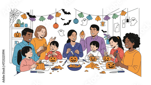 Joyous Halloween Crafting: A harmonious gathering of diverse families engages in the festive art of pumpkin carving, crafting jack-o'-lanterns under the gentle light of a cozy autumn evening. 