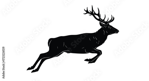 Majestic stag leaps gracefully with impressive antlers, symbolizing wild nature and untamed freedom